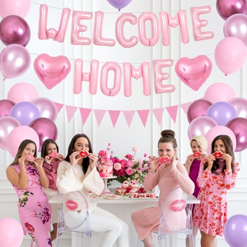 Adorely Pink Welcome Home Balloon Set with Foil Banner, Heart Balloons & Pennant Flags for Baby Shower & Housewarming