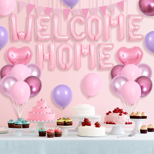 Adorely Pink Welcome Home Balloon Set with Foil Banner, Heart Balloons & Pennant Flags for Baby Shower & Housewarming