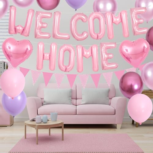 Adorely Pink Welcome Home Balloon Set with Foil Banner, Heart Balloons & Pennant Flags for Baby Shower & Housewarming