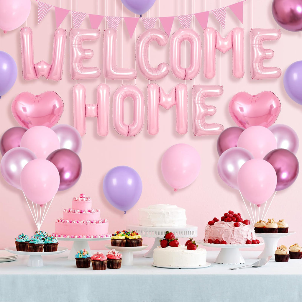 Adorely Pink Welcome Home Balloon Set with Foil Banner, Heart Balloons & Pennant Flags for Baby Shower & Housewarming