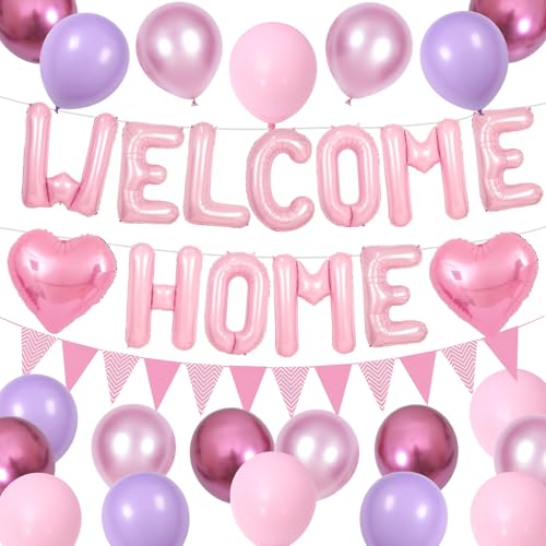 Adorely Pink Welcome Home Balloon Set with Foil Banner, Heart Balloons & Pennant Flags for Baby Shower & Housewarming