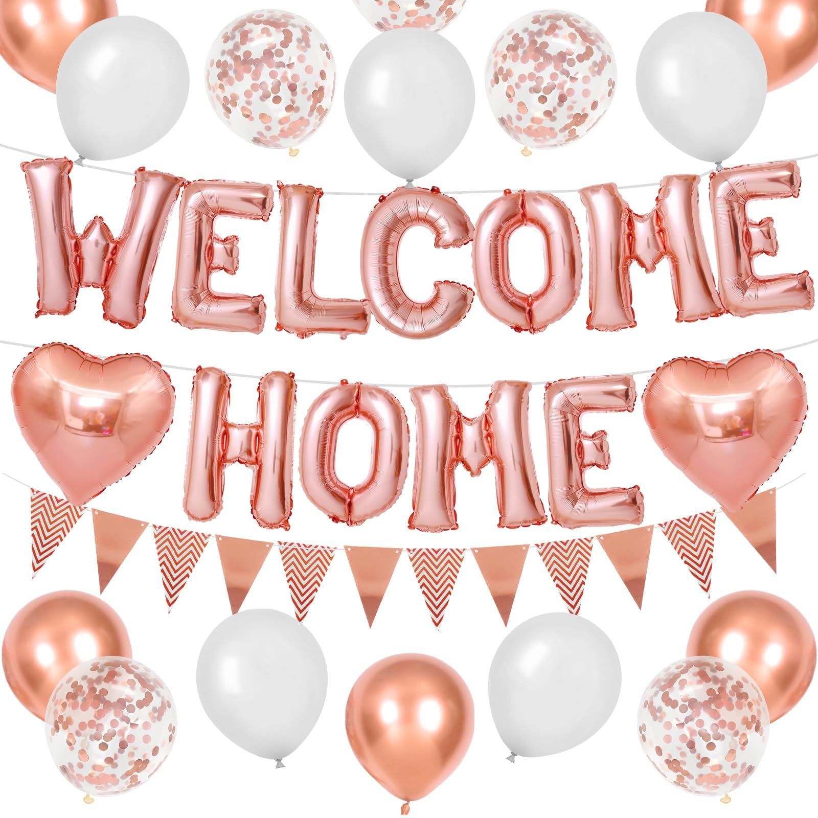 Adorely Rose Gold Welcome Home Balloon Banner Set - Foil Banner, Heart Balloons, Confetti Balloons for Baby Shower Housewarming