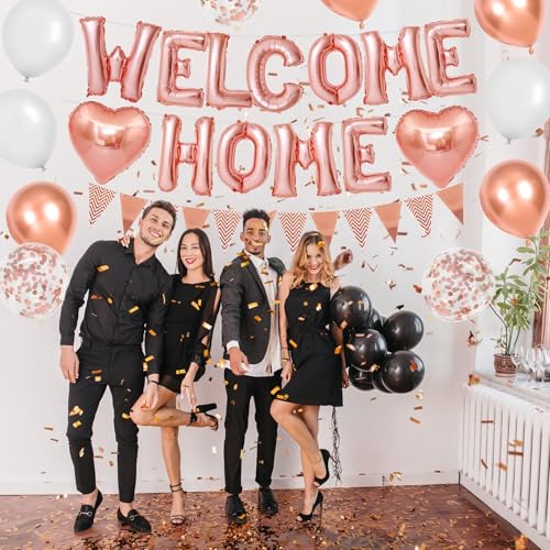 Adorely Rose Gold Welcome Home Balloon Banner Set - Foil Banner, Heart Balloons, Confetti Balloons for Baby Shower Housewarming