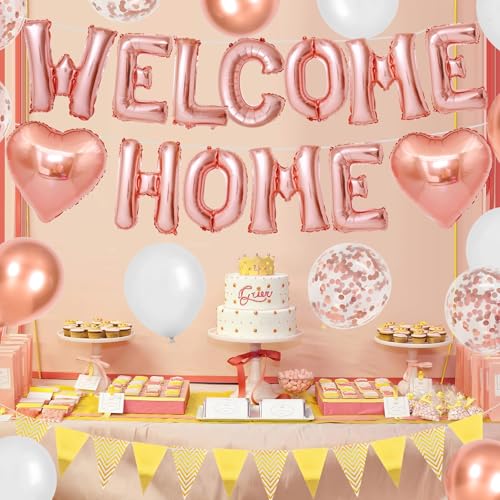 Adorely Rose Gold Welcome Home Balloon Banner Set - Foil Banner, Heart Balloons, Confetti Balloons for Baby Shower Housewarming