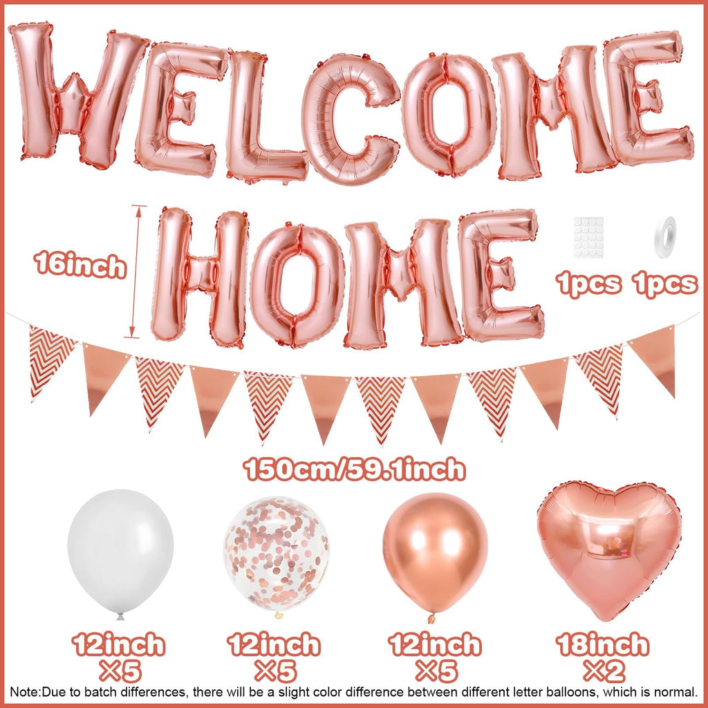 Adorely Rose Gold Welcome Home Balloon Banner Set - Foil Banner, Heart Balloons, Confetti Balloons for Baby Shower Housewarming