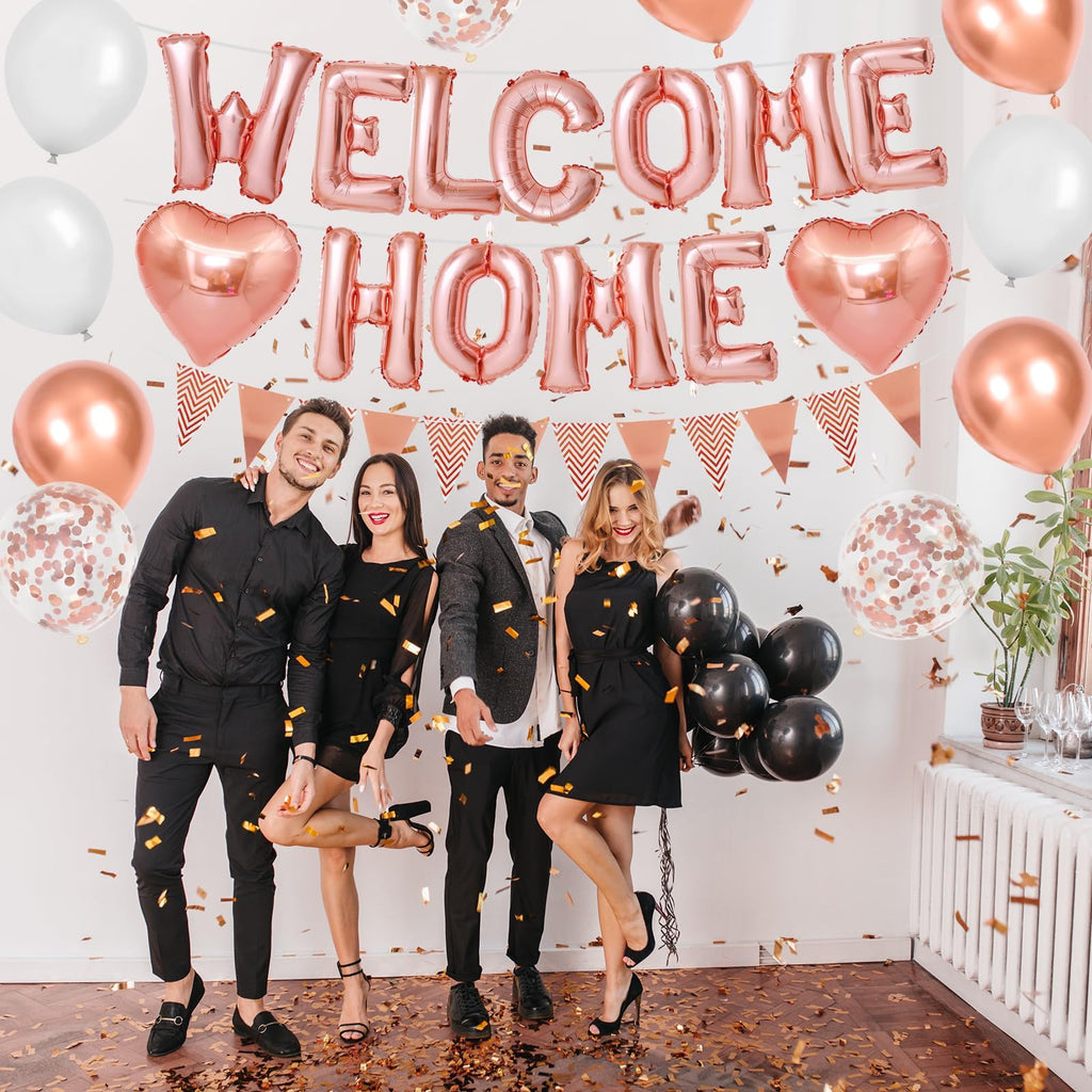 Adorely Rose Gold Welcome Home Balloon Banner Set - Foil Banner, Heart Balloons, Confetti Balloons for Baby Shower Housewarming