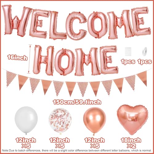 Adorely Rose Gold Welcome Home Balloon Banner Set - Foil Banner, Heart Balloons, Confetti Balloons for Baby Shower Housewarming