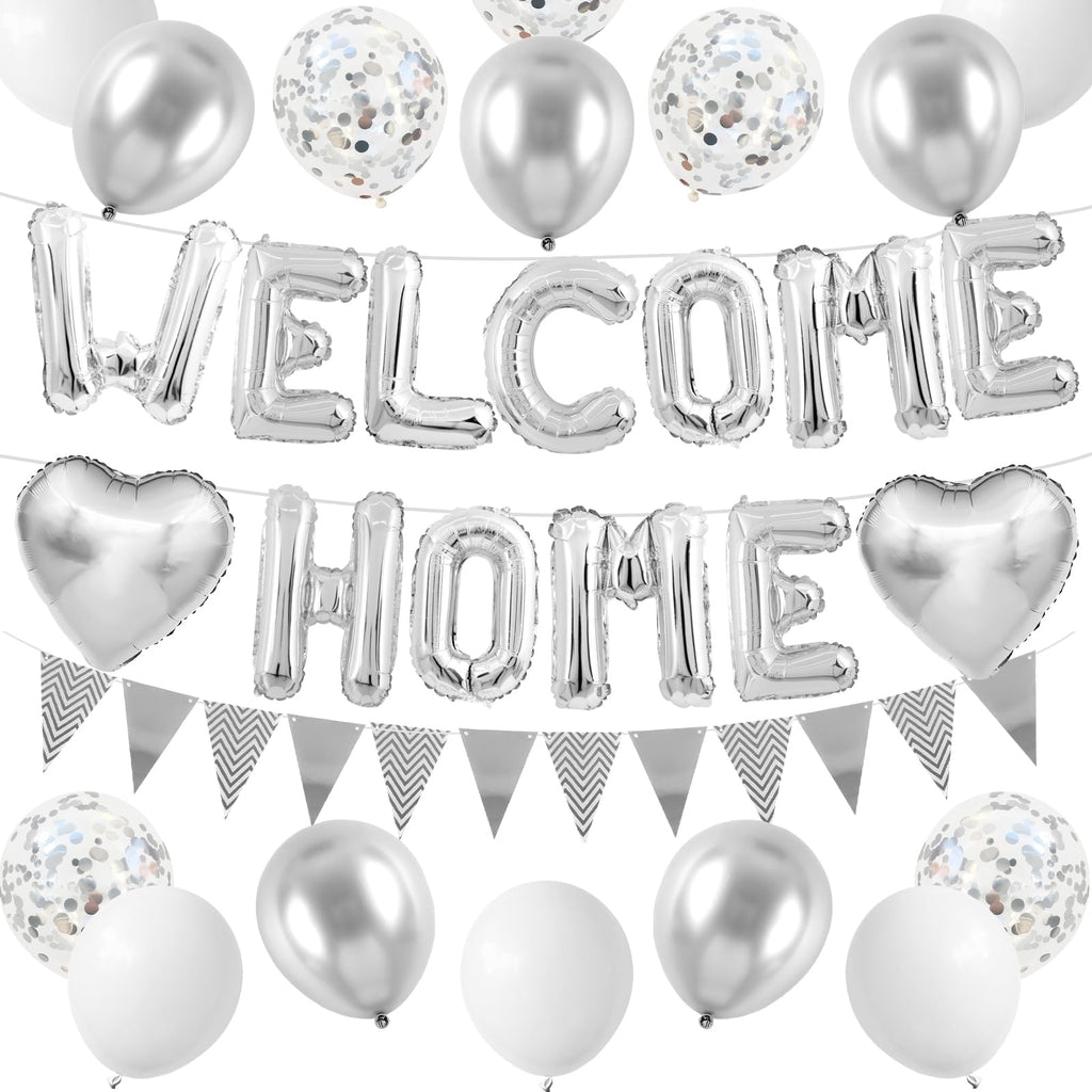 Adorely Silver Welcome Home Balloon Set with Foil Banner, Heart Balloons & Confetti – Housewarming Party Supplies