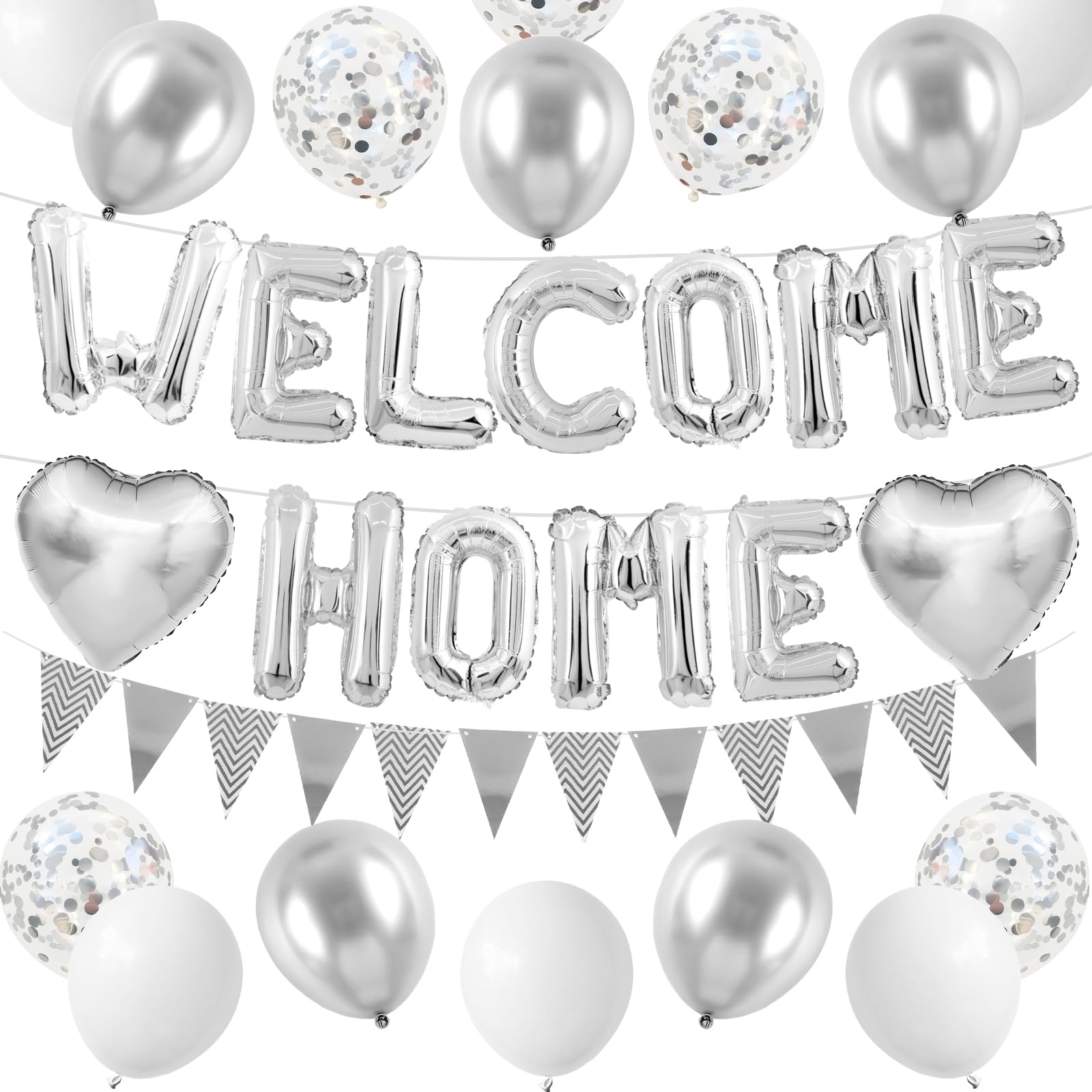 Adorely Silver Welcome Home Balloon Set with Foil Banner, Heart Balloons & Confetti – Housewarming Party Supplies