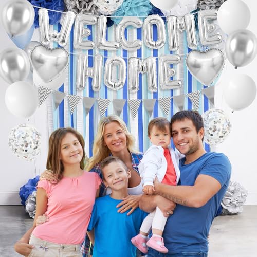 Adorely Silver Welcome Home Balloon Set with Foil Banner, Heart Balloons & Confetti – Housewarming Party Supplies