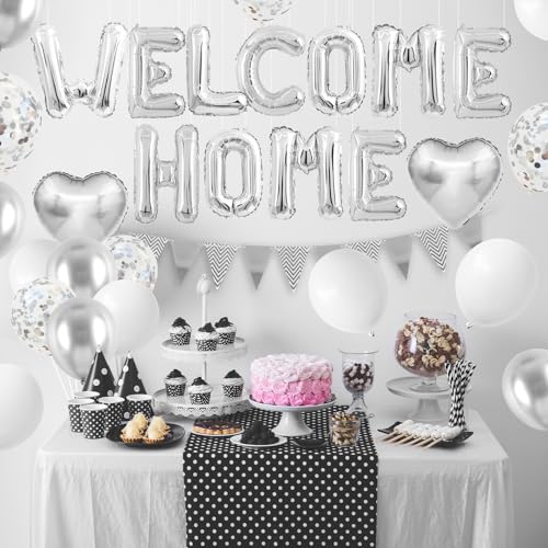 Adorely Silver Welcome Home Balloon Set with Foil Banner, Heart Balloons & Confetti – Housewarming Party Supplies