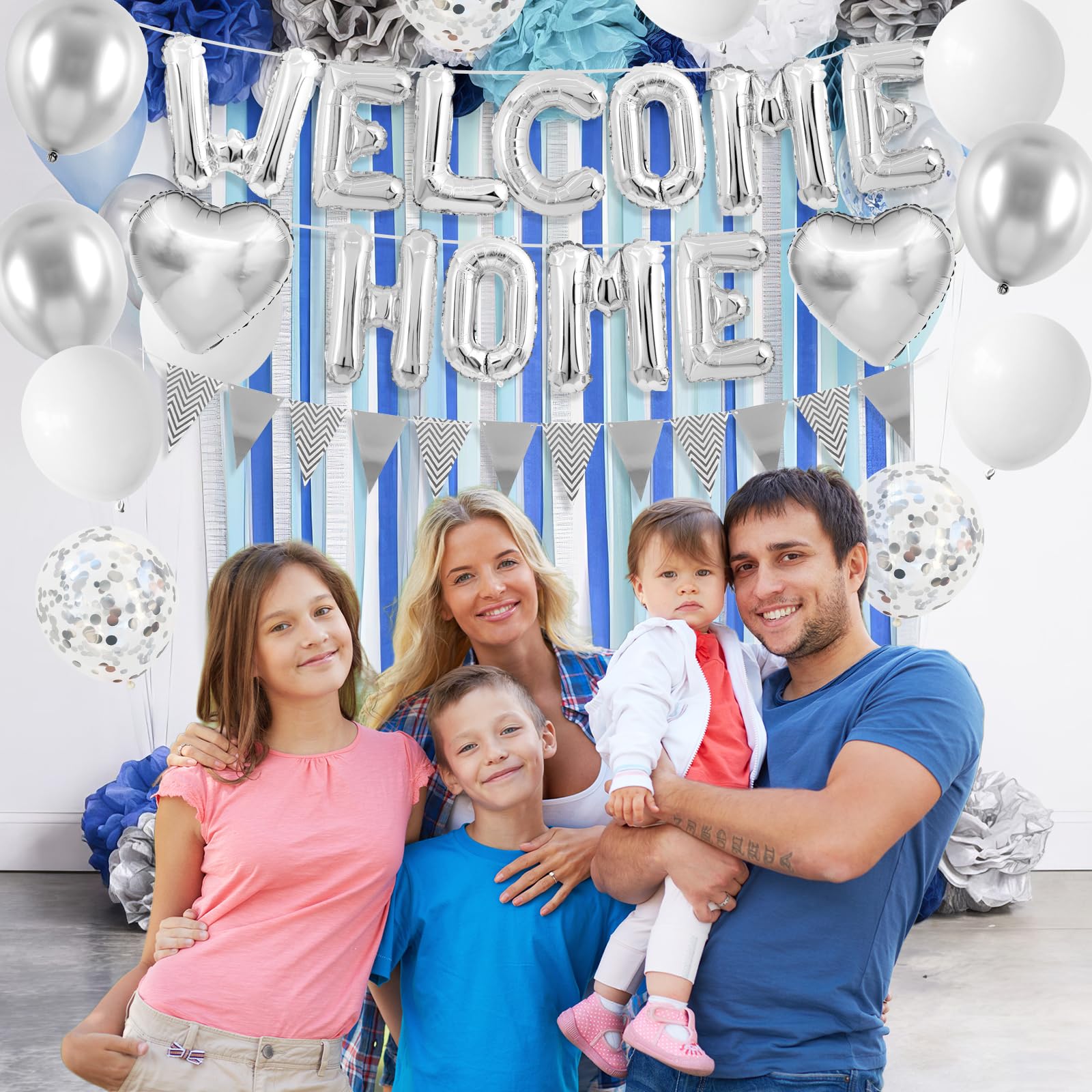 Adorely Silver Welcome Home Balloon Set with Foil Banner, Heart Balloons & Confetti – Housewarming Party Supplies