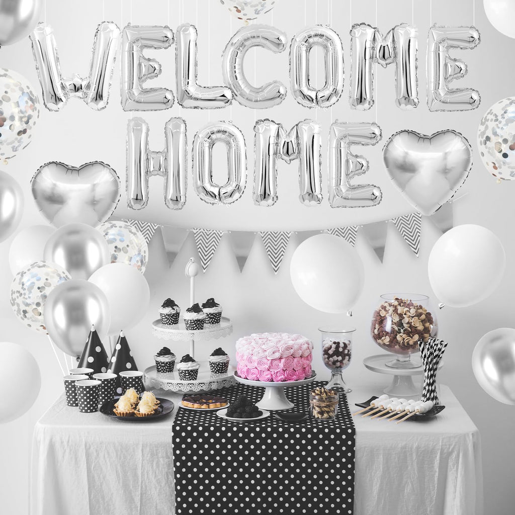 Adorely Silver Welcome Home Balloon Set with Foil Banner, Heart Balloons & Confetti – Housewarming Party Supplies