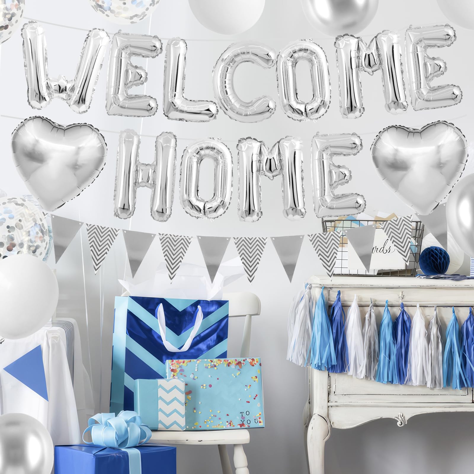 Adorely Silver Welcome Home Balloon Set with Foil Banner, Heart Balloons & Confetti – Housewarming Party Supplies