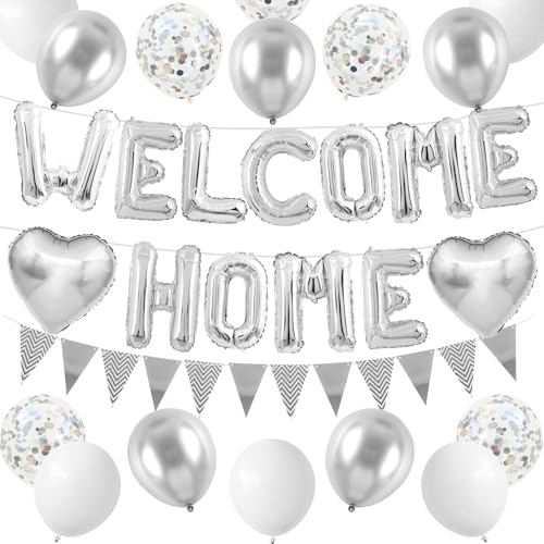 Adorely Silver Welcome Home Balloon Set with Foil Banner, Heart Balloons & Confetti – Housewarming Party Supplies