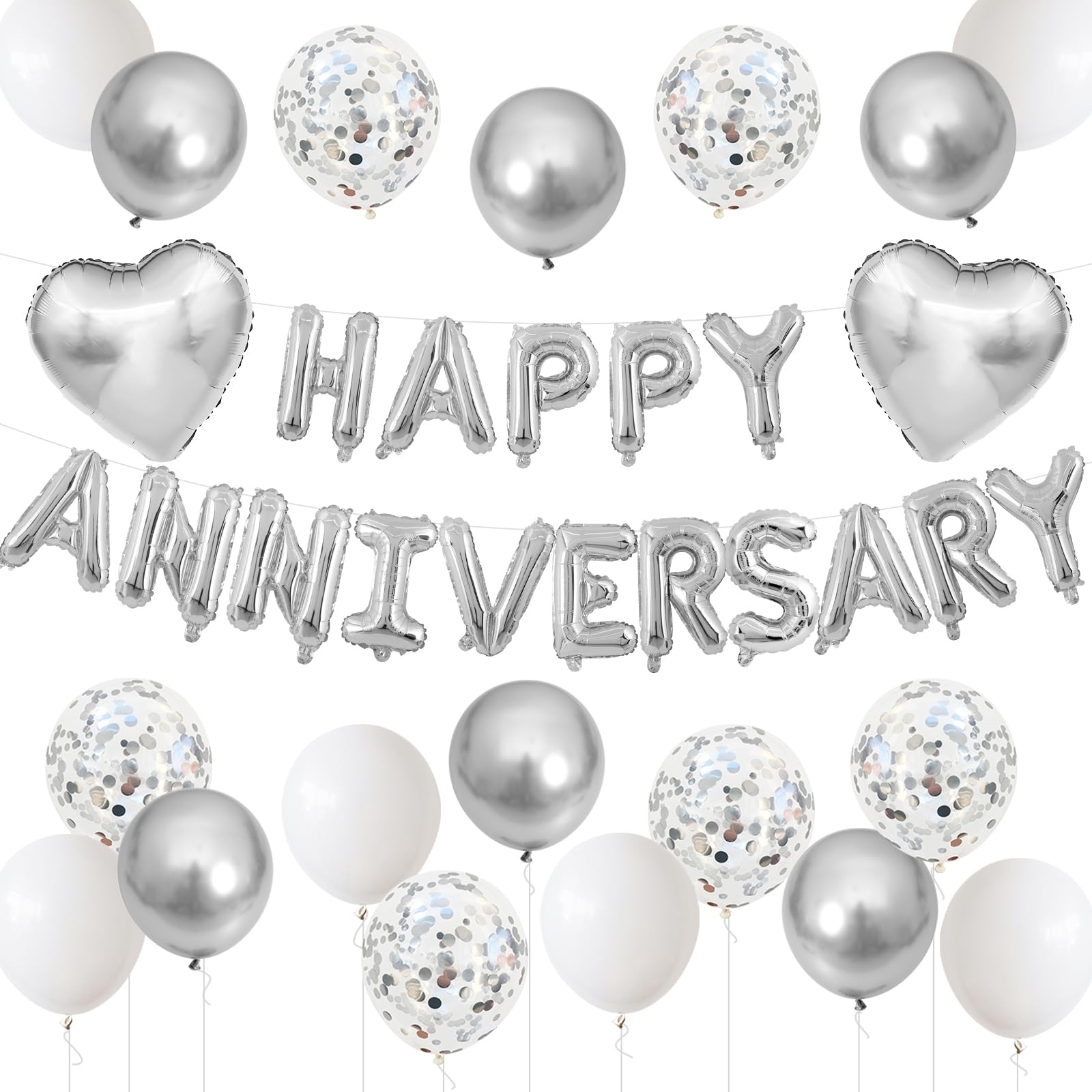 Adorely Silver & White Anniversary Balloon Set – 14-Piece Foil & Latex Decor with HAPPY ANNIVERSARY Banner