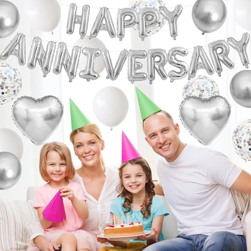 Adorely Silver & White Anniversary Balloon Set – 14-Piece Foil & Latex Decor with HAPPY ANNIVERSARY Banner