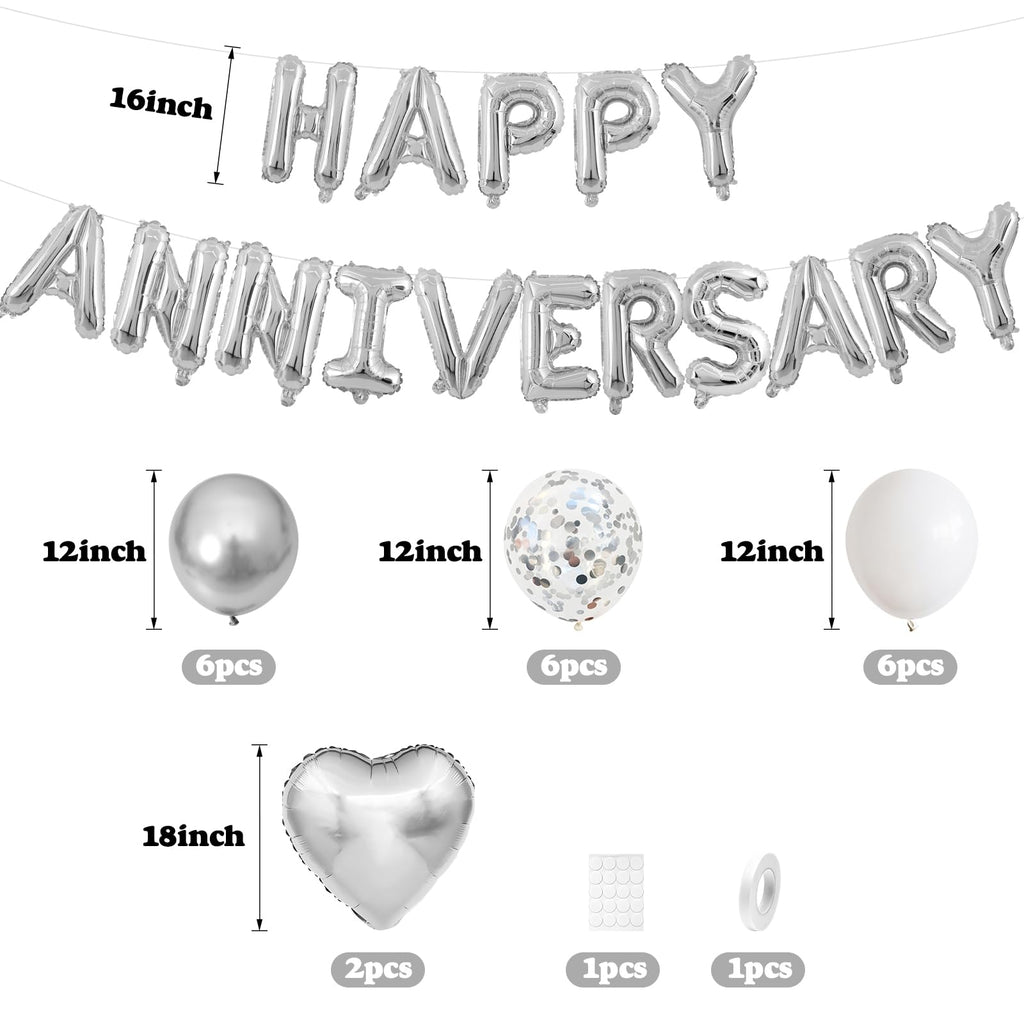 Adorely Silver & White Anniversary Balloon Set – 14-Piece Foil & Latex Decor with HAPPY ANNIVERSARY Banner