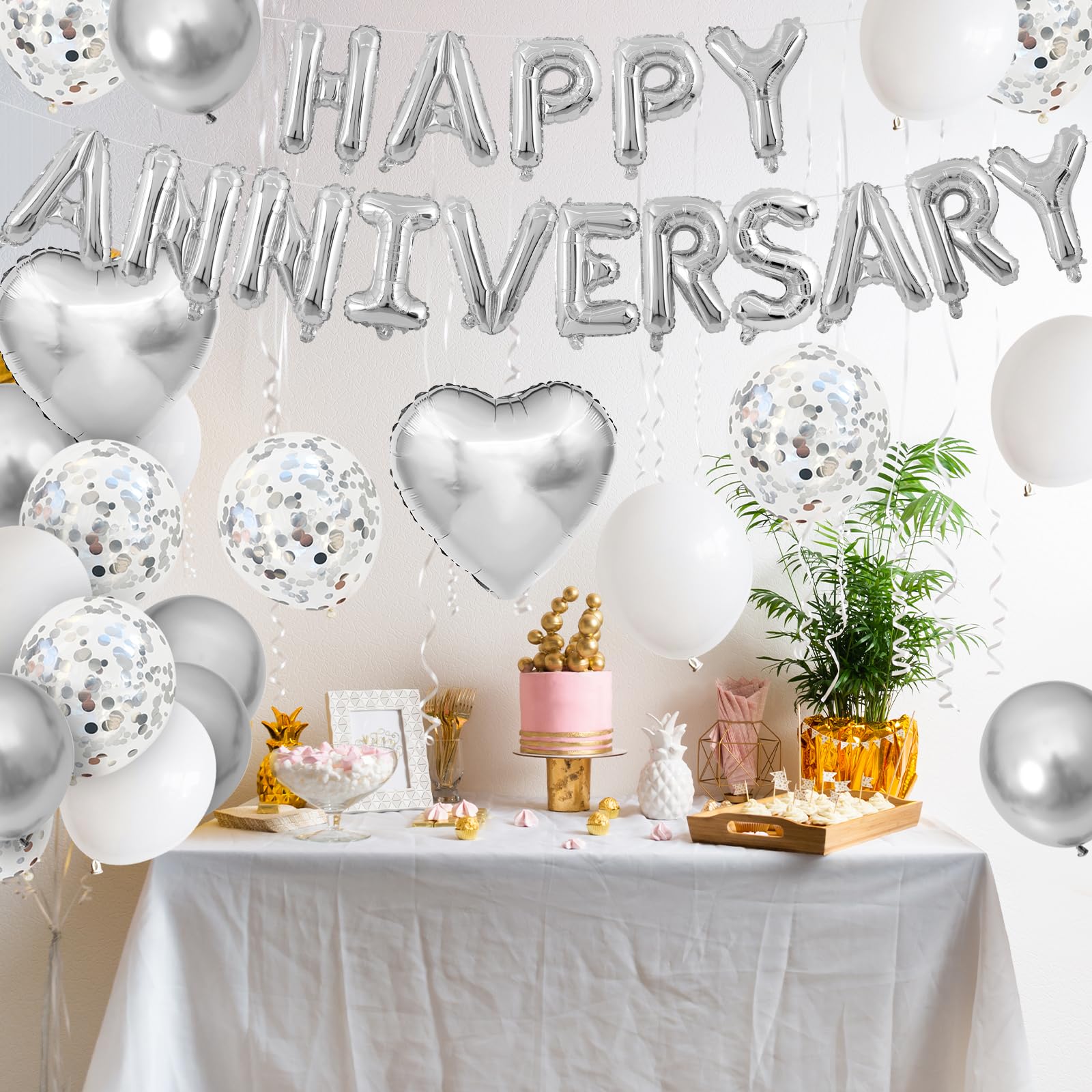 Adorely Silver & White Anniversary Balloon Set – 14-Piece Foil & Latex Decor with HAPPY ANNIVERSARY Banner