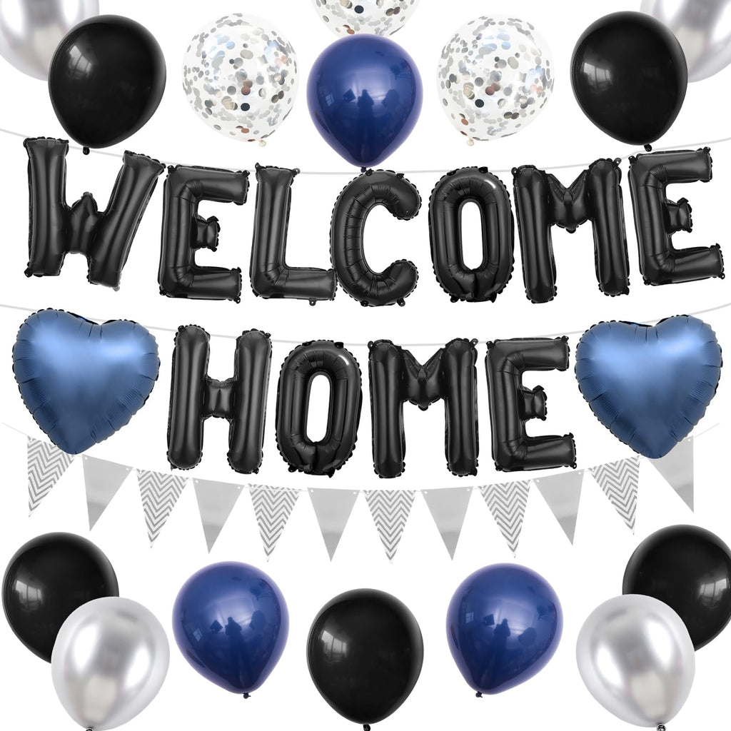 Adorely Welcome Home Balloon Set – Black Foil Banner, Navy Blue Heart Balloons & Silver Confetti Latex Balloons for Housewarming Baby Shower