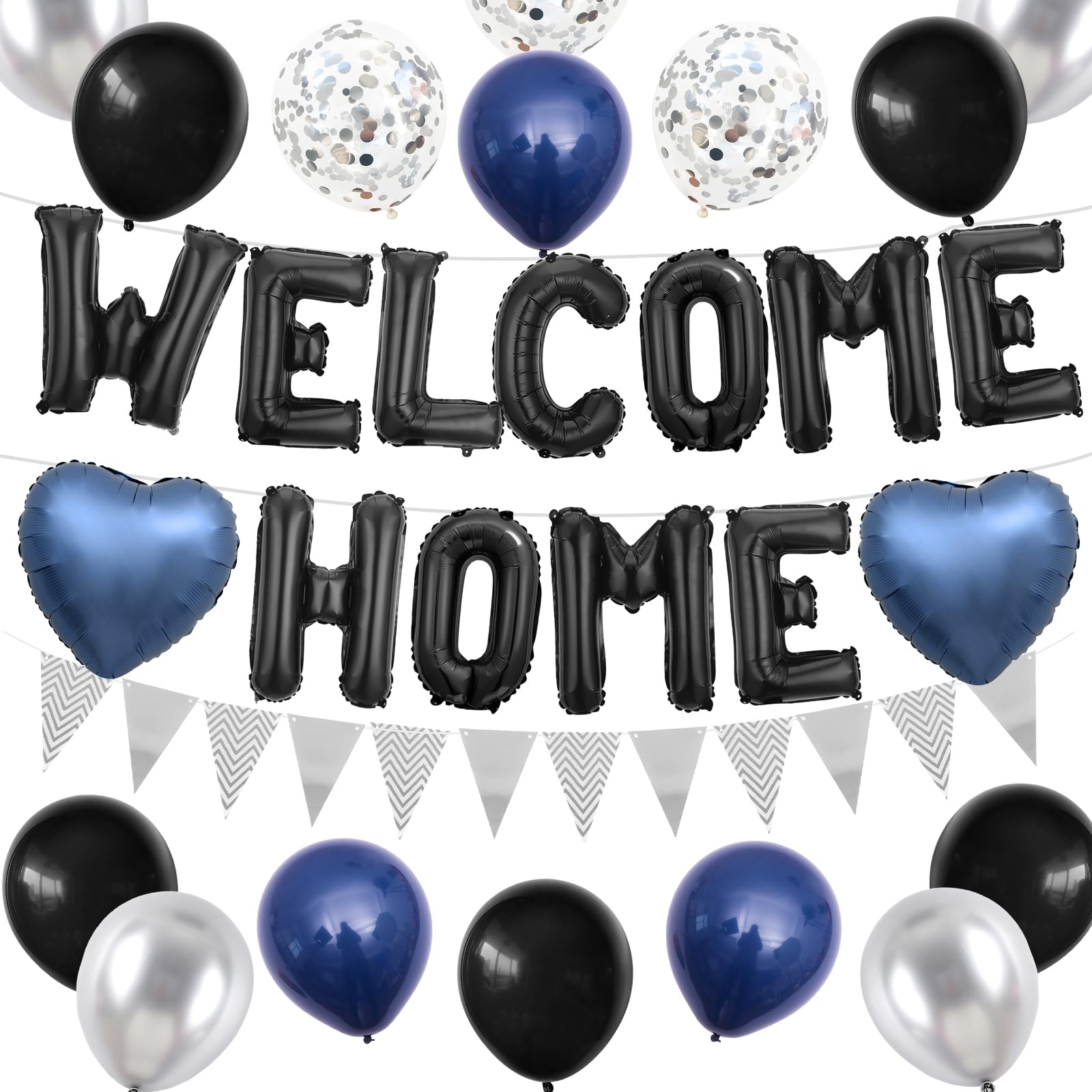 Adorely Welcome Home Balloon Set – Black Foil Banner, Navy Blue Heart Balloons & Silver Confetti Latex Balloons for Housewarming Baby Shower