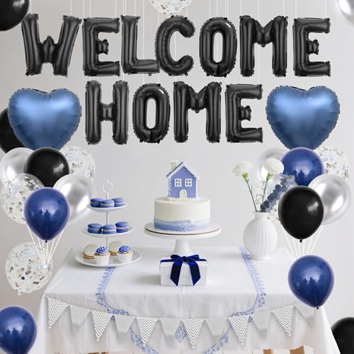 Adorely Welcome Home Balloon Set – Black Foil Banner, Navy Blue Heart Balloons & Silver Confetti Latex Balloons for Housewarming Baby Shower