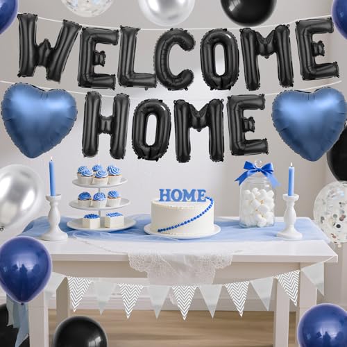 Adorely Welcome Home Balloon Set – Black Foil Banner, Navy Blue Heart Balloons & Silver Confetti Latex Balloons for Housewarming Baby Shower
