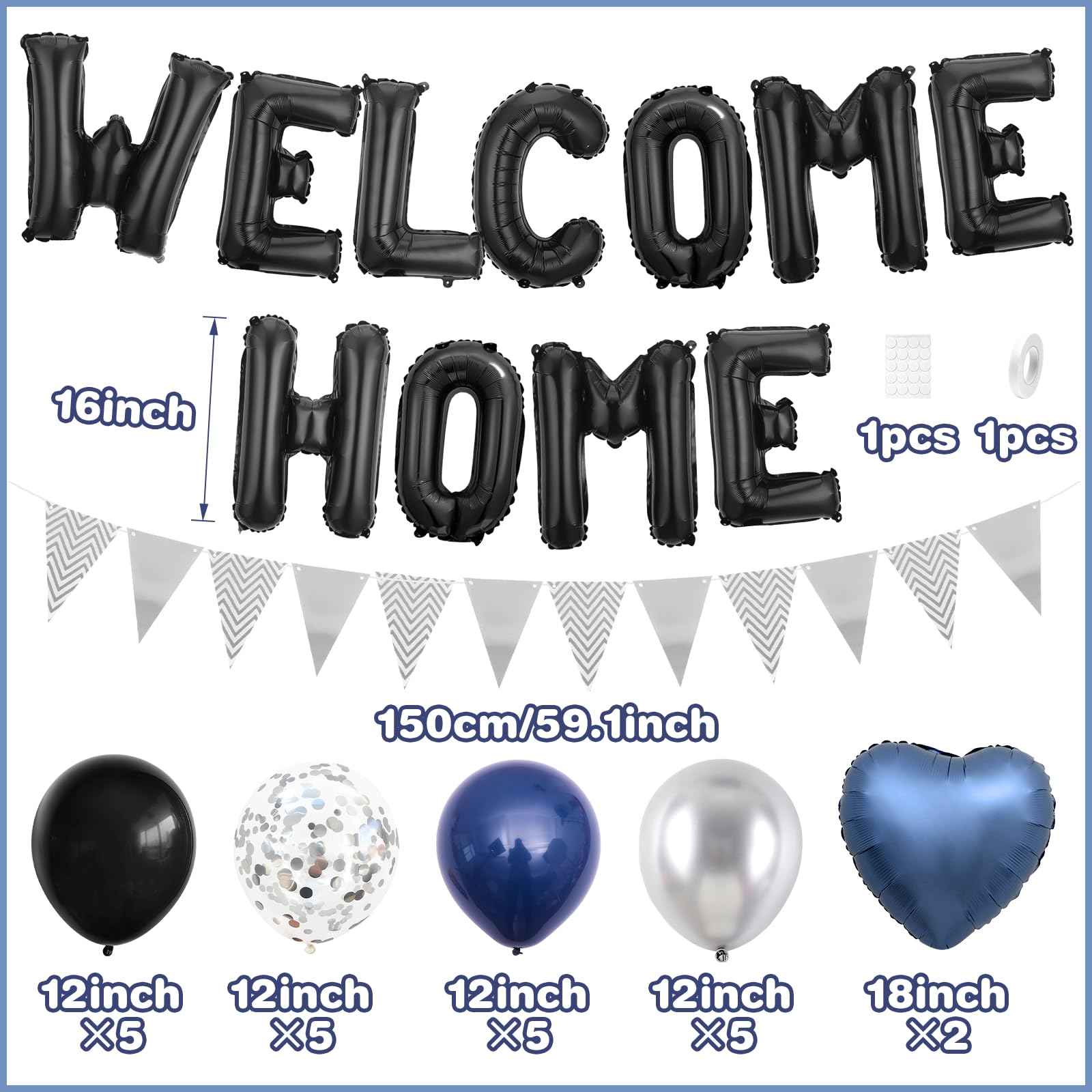 Adorely Welcome Home Balloon Set – Black Foil Banner, Navy Blue Heart Balloons & Silver Confetti Latex Balloons for Housewarming Baby Shower