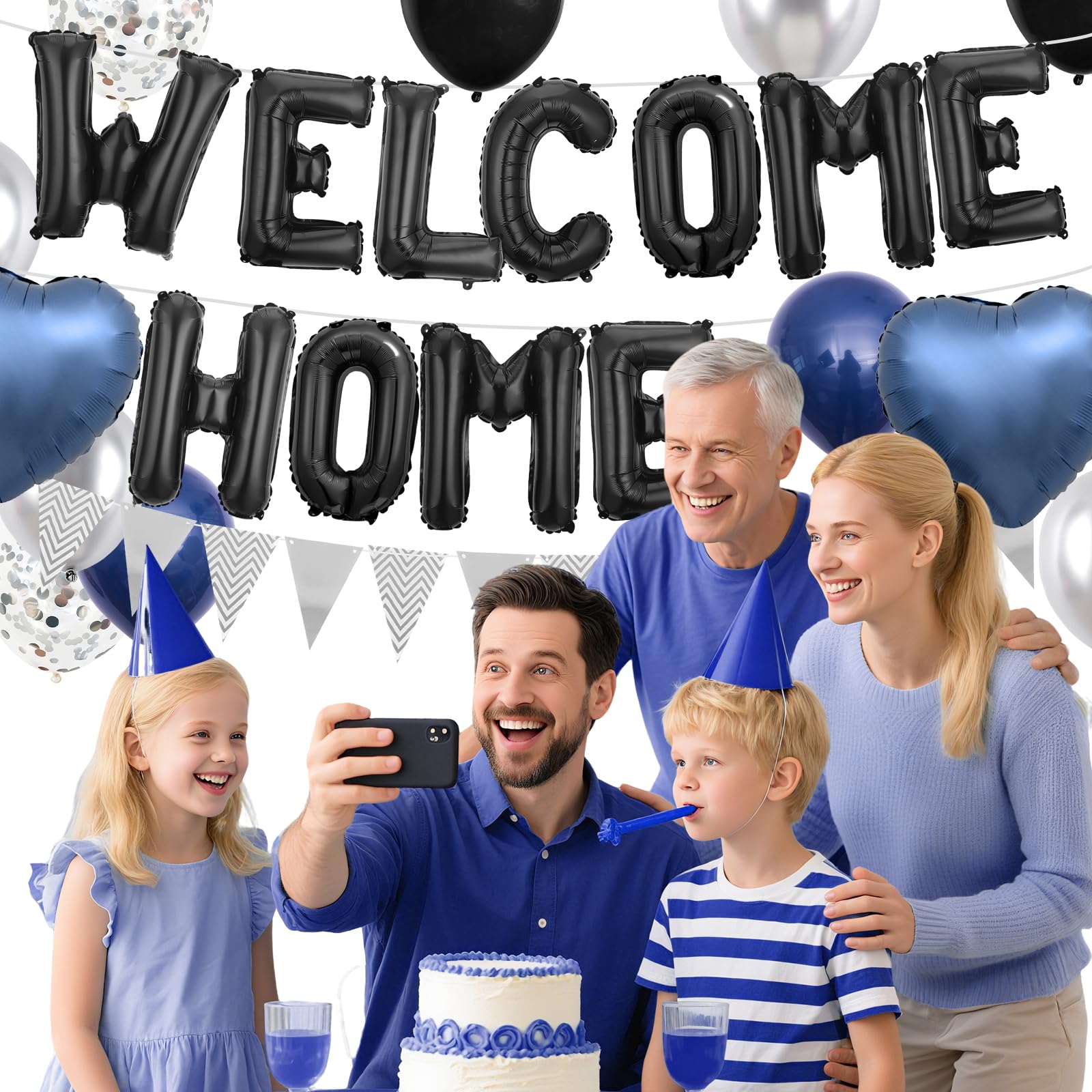 Adorely Welcome Home Balloon Set – Black Foil Banner, Navy Blue Heart Balloons & Silver Confetti Latex Balloons for Housewarming Baby Shower
