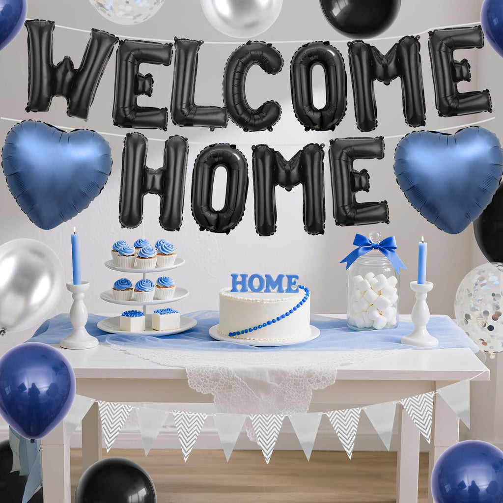 Adorely Welcome Home Balloon Set – Black Foil Banner, Navy Blue Heart Balloons & Silver Confetti Latex Balloons for Housewarming Baby Shower