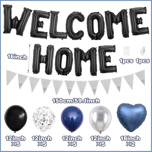 Adorely Welcome Home Balloon Set – Black Foil Banner, Navy Blue Heart Balloons & Silver Confetti Latex Balloons for Housewarming Baby Shower