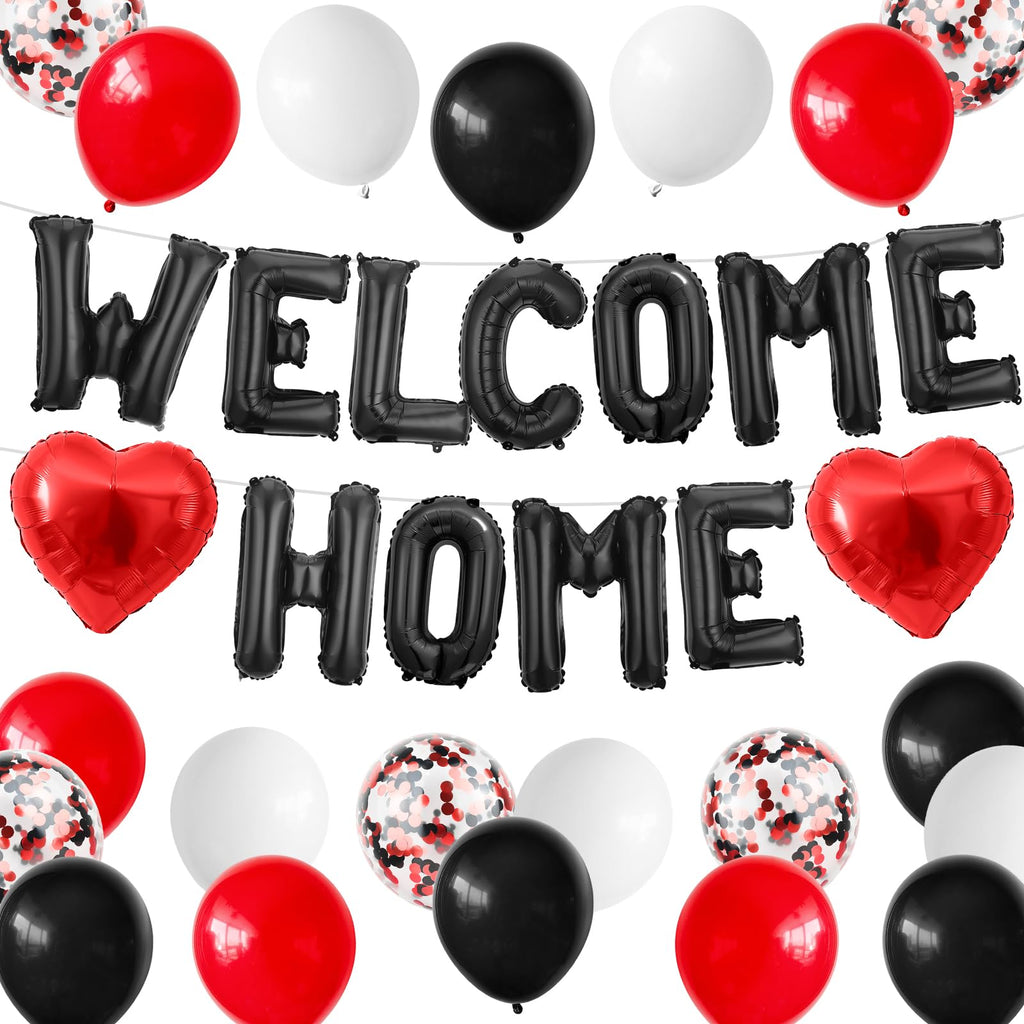 Adorely Welcome Home Balloon Set Black Red – 16in Foil Banner with Confetti & Heart Balloons for Housewarming Baby Shower