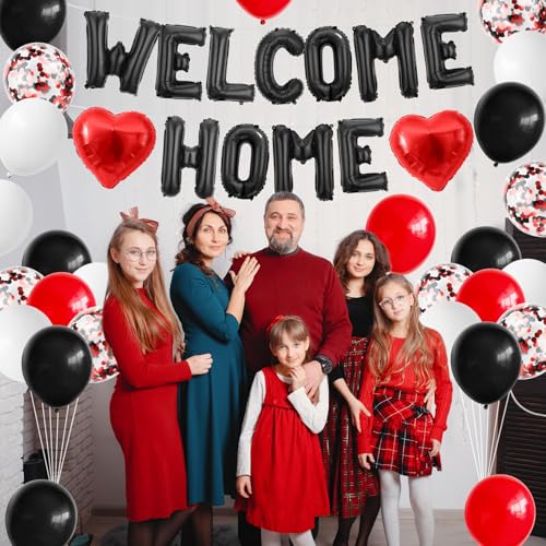 Adorely Welcome Home Balloon Set Black Red – 16in Foil Banner with Confetti & Heart Balloons for Housewarming Baby Shower