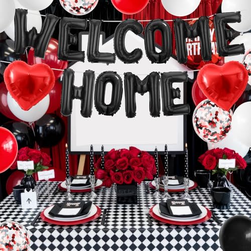 Adorely Welcome Home Balloon Set Black Red – 16in Foil Banner with Confetti & Heart Balloons for Housewarming Baby Shower