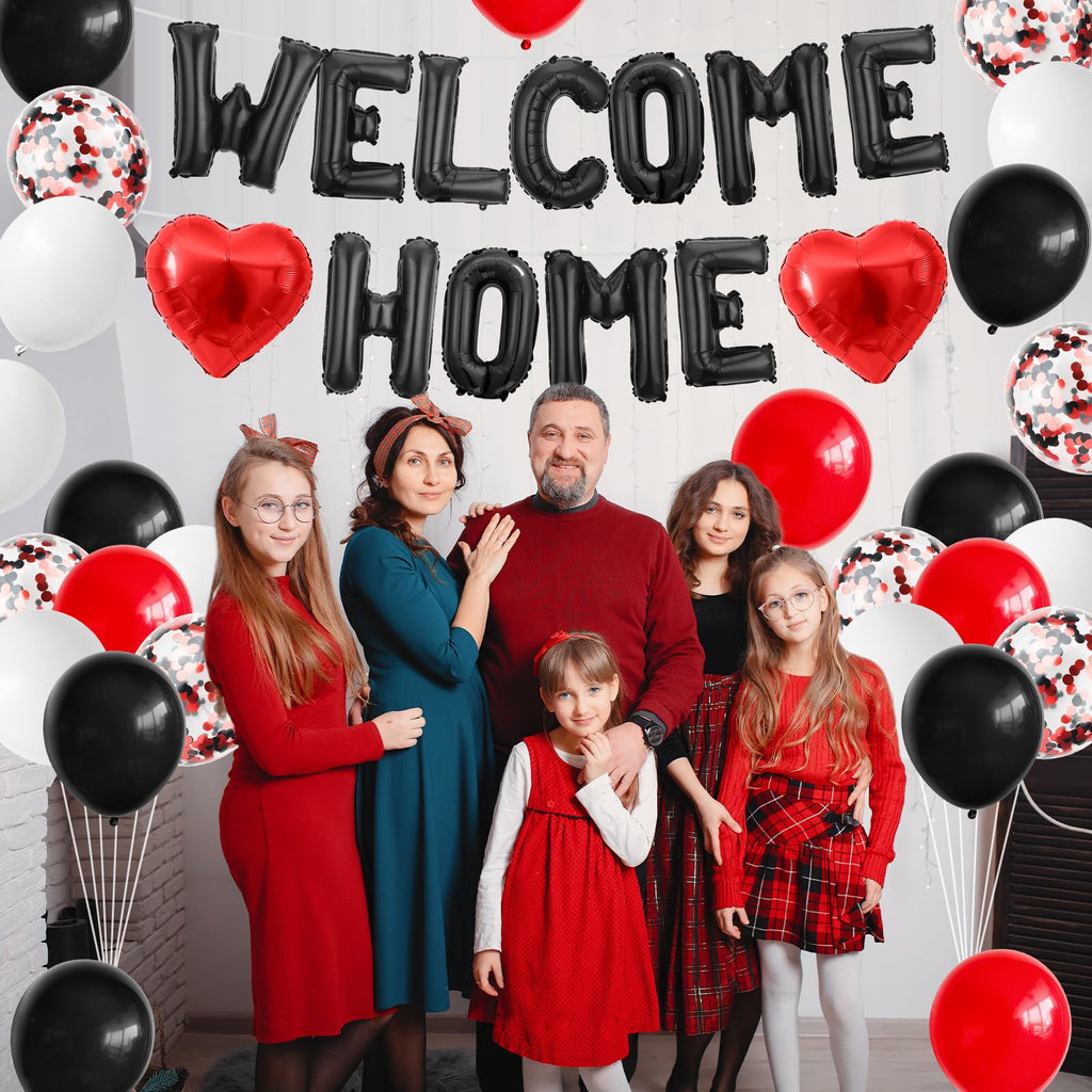 Adorely Welcome Home Balloon Set Black Red – 16in Foil Banner with Confetti & Heart Balloons for Housewarming Baby Shower