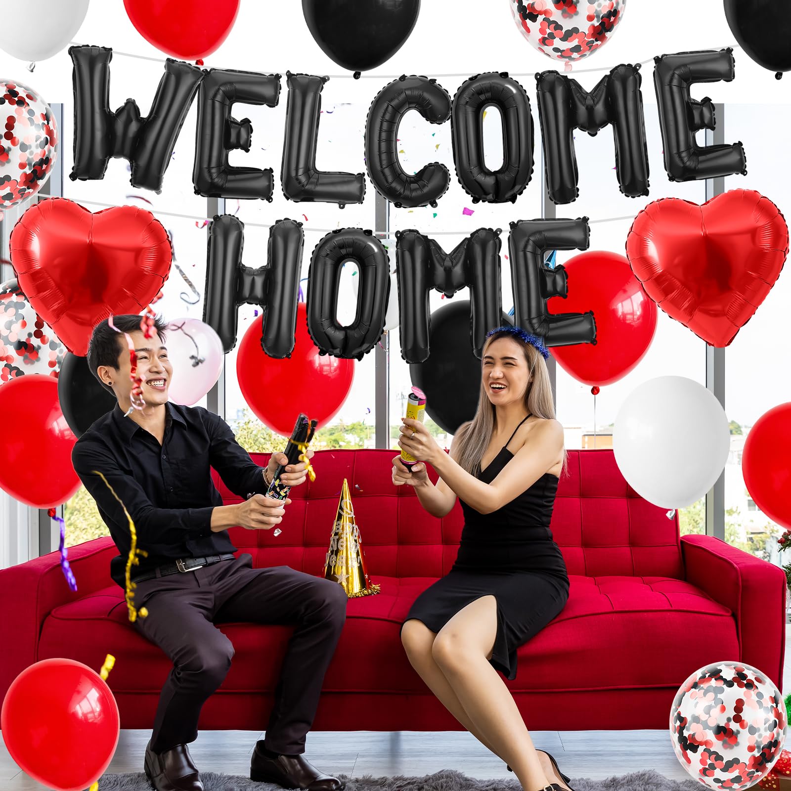 Adorely Welcome Home Balloon Set Black Red – 16in Foil Banner with Confetti & Heart Balloons for Housewarming Baby Shower
