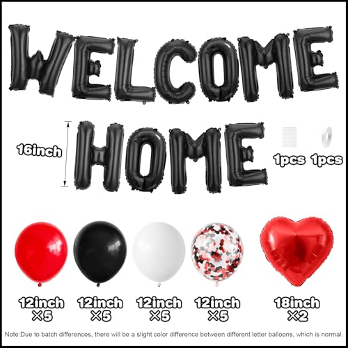 Adorely Welcome Home Balloon Set Black Red – 16in Foil Banner with Confetti & Heart Balloons for Housewarming Baby Shower