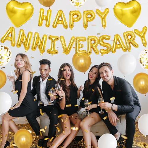 Adorely White Gold Anniversary Balloon Set - Foil Happy Anniversary Banner, Heart Balloons, Confetti, 14 Pieces