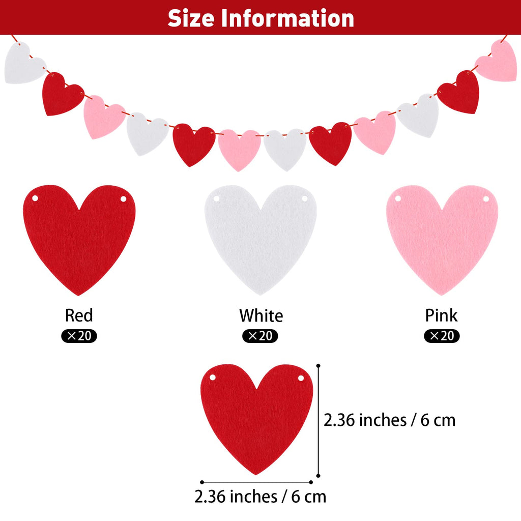ADXCO 5-Pack Felt Heart Garland – Pre-Assembled Valentine's Day Decor with 60 Red, White, and Pink Hearts