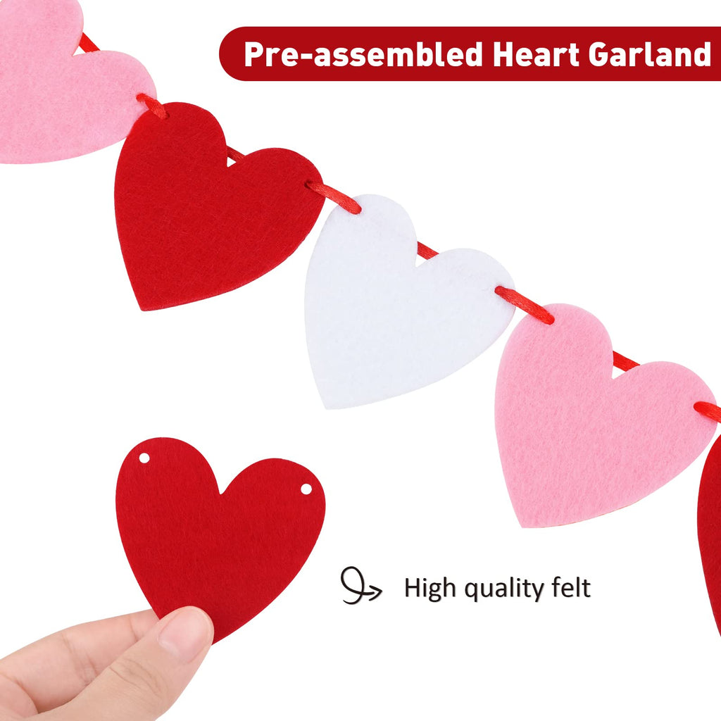 ADXCO 5-Pack Felt Heart Garland – Pre-Assembled Valentine's Day Decor with 60 Red, White, and Pink Hearts