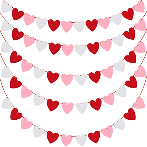 ADXCO 5-Pack Felt Heart Garland – Pre-Assembled Valentine's Day Decor with 60 Red, White, and Pink Hearts