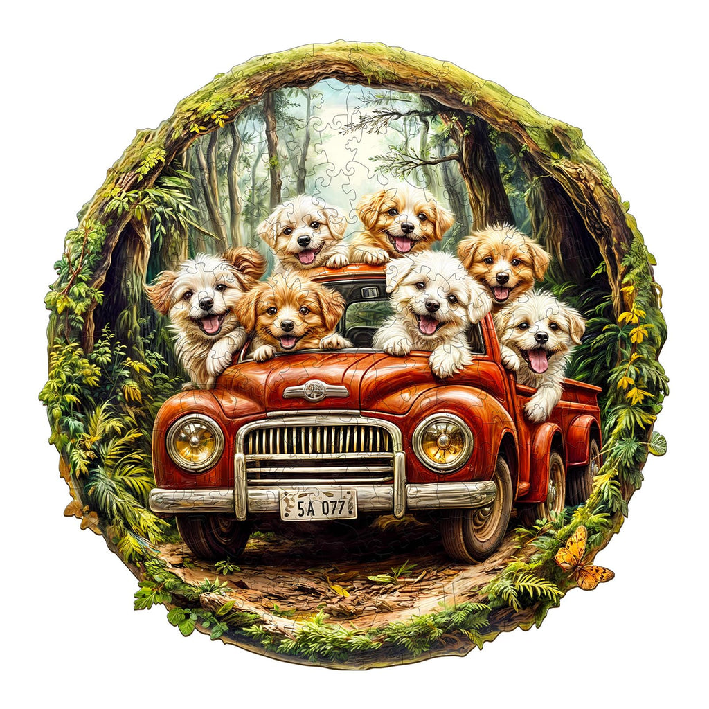Aeekdook Round Wooden Jigsaw Puzzle: 100-Piece Dog Scene with Unique Animal Shapes, 8.5x8.5 Inches
