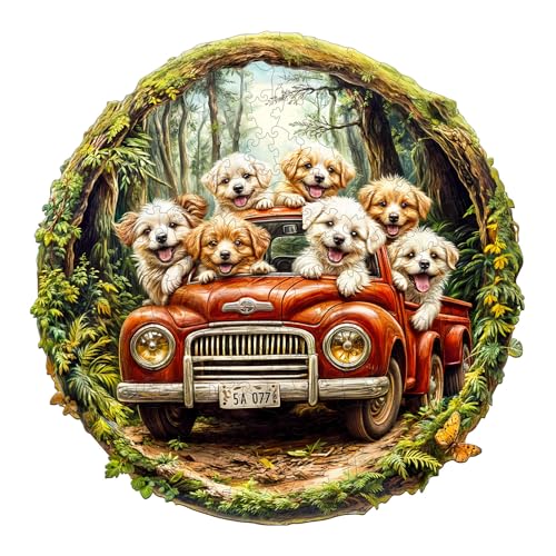 Aeekdook Round Wooden Jigsaw Puzzle: 100-Piece Dog Scene with Unique Animal Shapes, 8.5x8.5 Inches