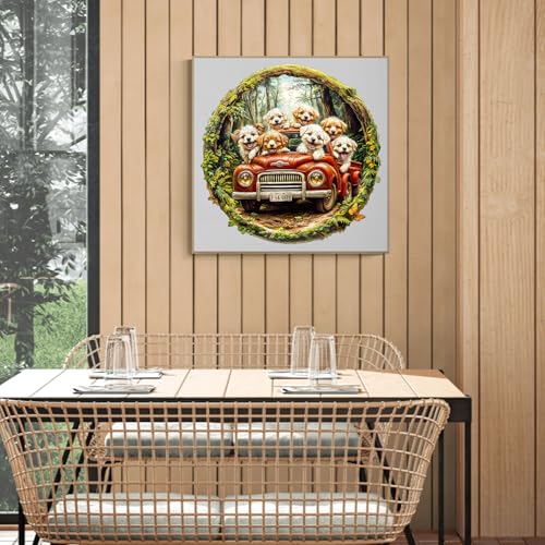 Aeekdook Round Wooden Jigsaw Puzzle: 100-Piece Dog Scene with Unique Animal Shapes, 8.5x8.5 Inches