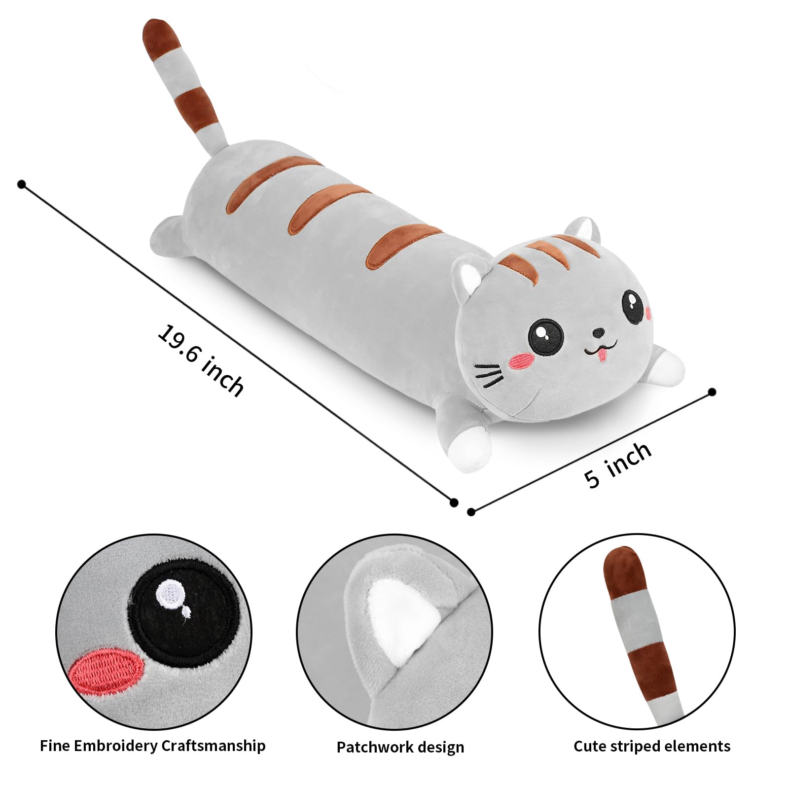 AFAN 19.6 Inch Long Cat Plush Pillow – Soft Cute Kawaii Stuffed Animal Body Pillow for Bed, Sofa, or Gift (Grey)