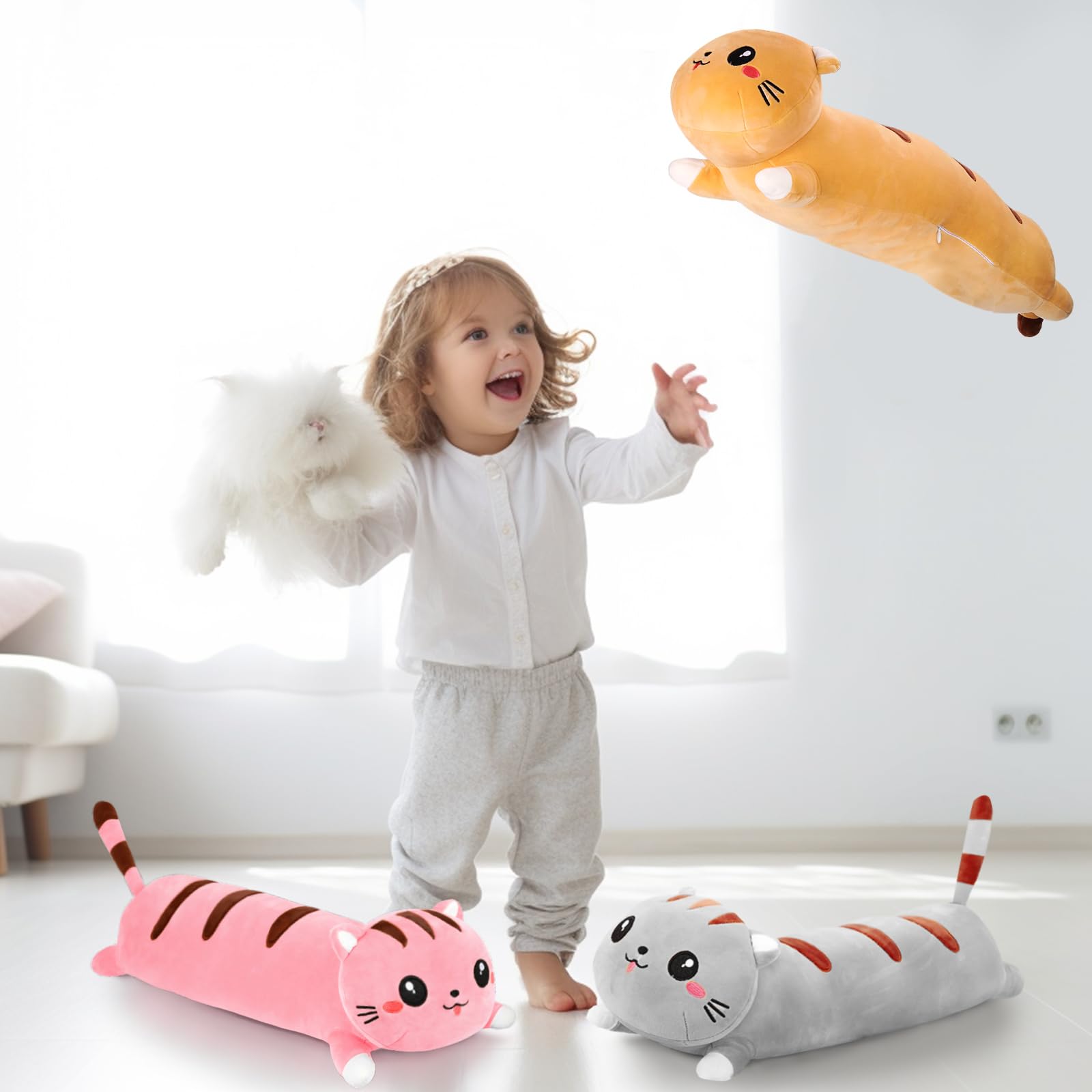 AFAN 19.6 Inch Long Cat Plush Pillow – Soft Cute Kawaii Stuffed Animal Body Pillow for Bed, Sofa, or Gift (Grey)
