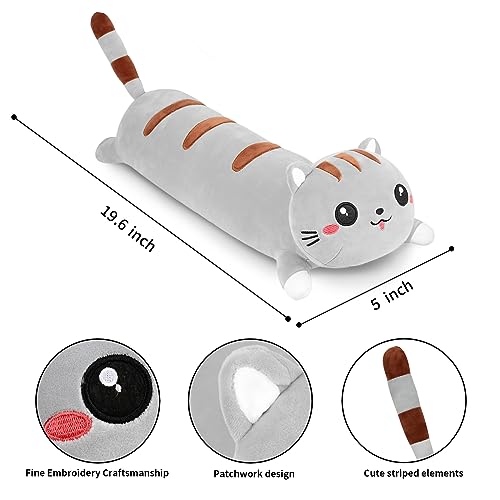 AFAN 19.6 Inch Long Cat Plush Pillow – Soft Cute Kawaii Stuffed Animal Body Pillow for Bed, Sofa, or Gift (Grey)