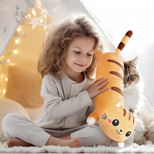AFAN 19.6 Inch Long Cat Plush Pillow – Soft Cute Kitty Body Pillow for Cuddling, Sleeping, and Room Decor (Yellow)