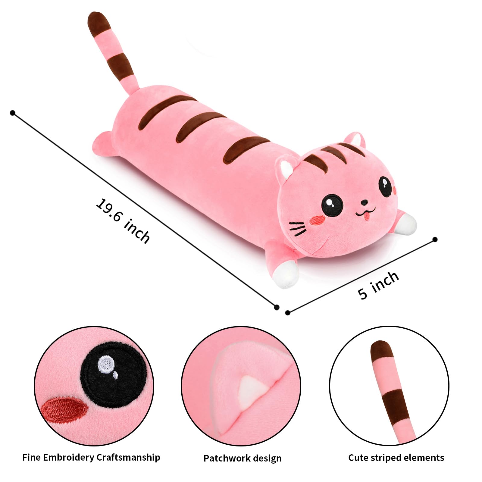 AFAN Long Cat Plush Pillow 19.6 Inch – Soft Kawaii Stuffed Animal, Cute Pink Body Pillow for Cuddling
