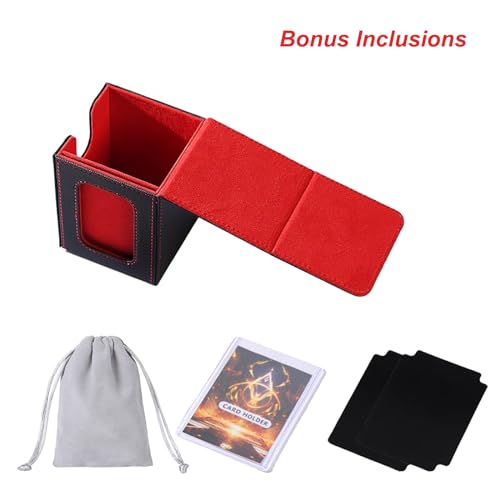 AFIING MTG Commander Deck Box for 100 Double-Sleeved Cards – Black/Red PU Leather with Window, Dividers, Drawstring Bag & Toploader